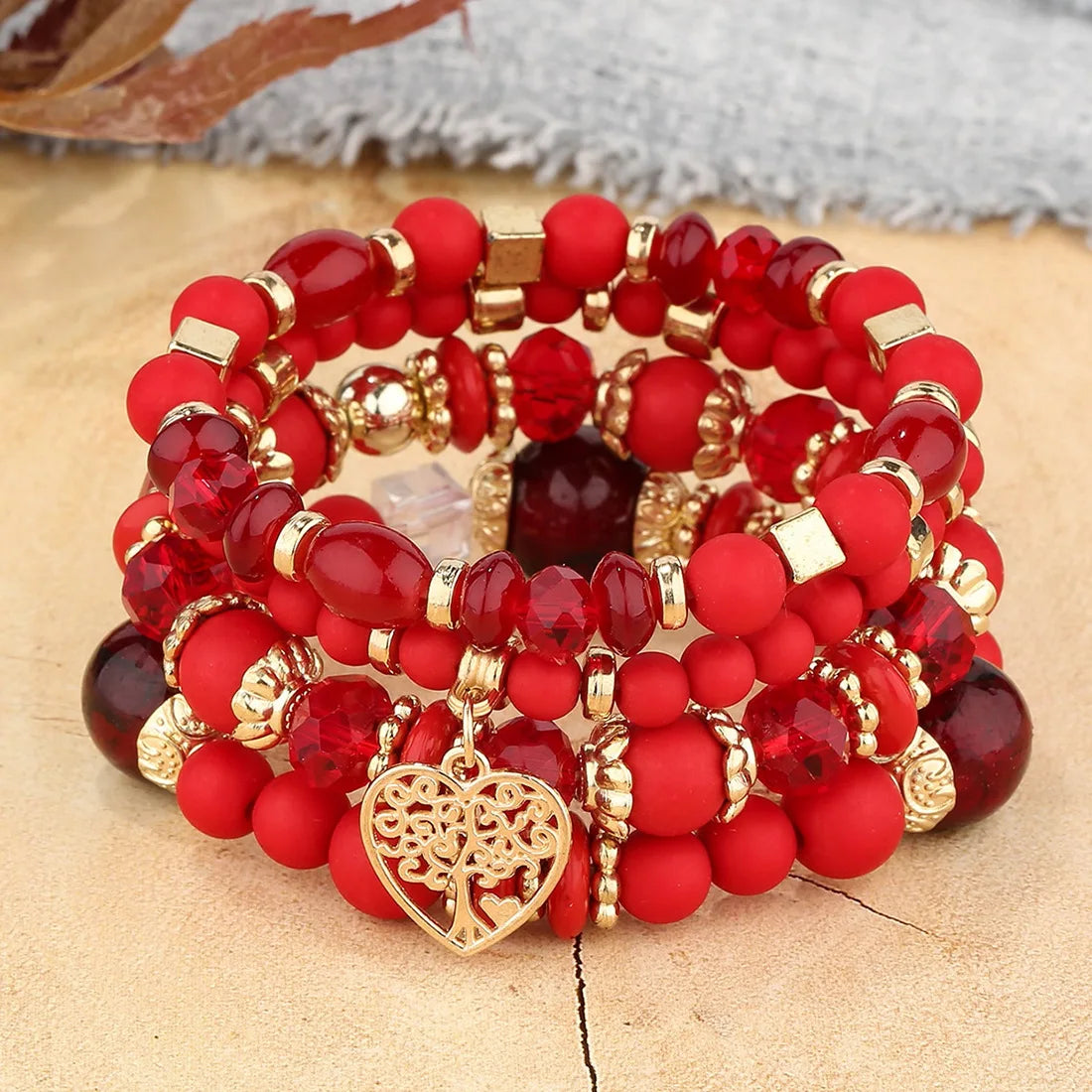 4Pcs Tree of Life Heart Bracelet Set For Women Acrylic Glass Beads Chain Elastic Bangle Female Fashion Party Jewelry Vera Lux
