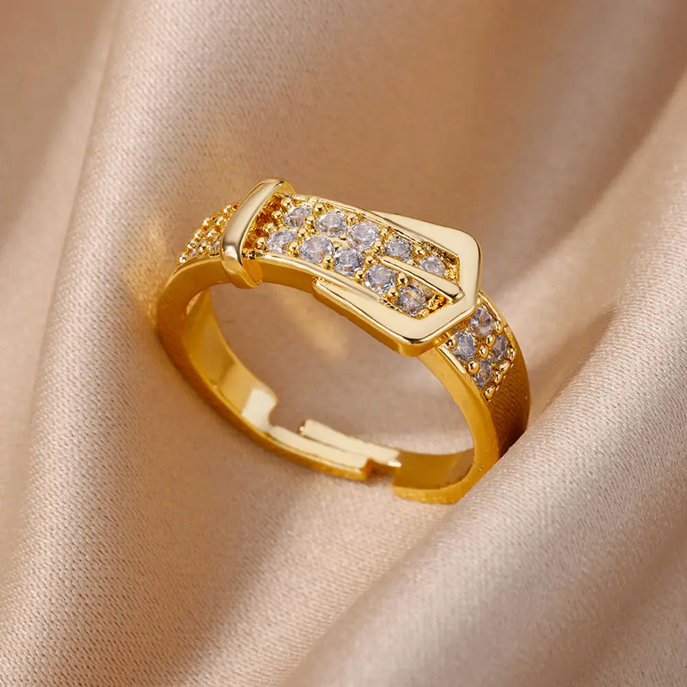 Stainless Steel Belt Rings For Women Zircon Adjustable Belt Finger Ring Femme Geometric Wedding Aesthetic Jewerly Gift anillos Vera Lux