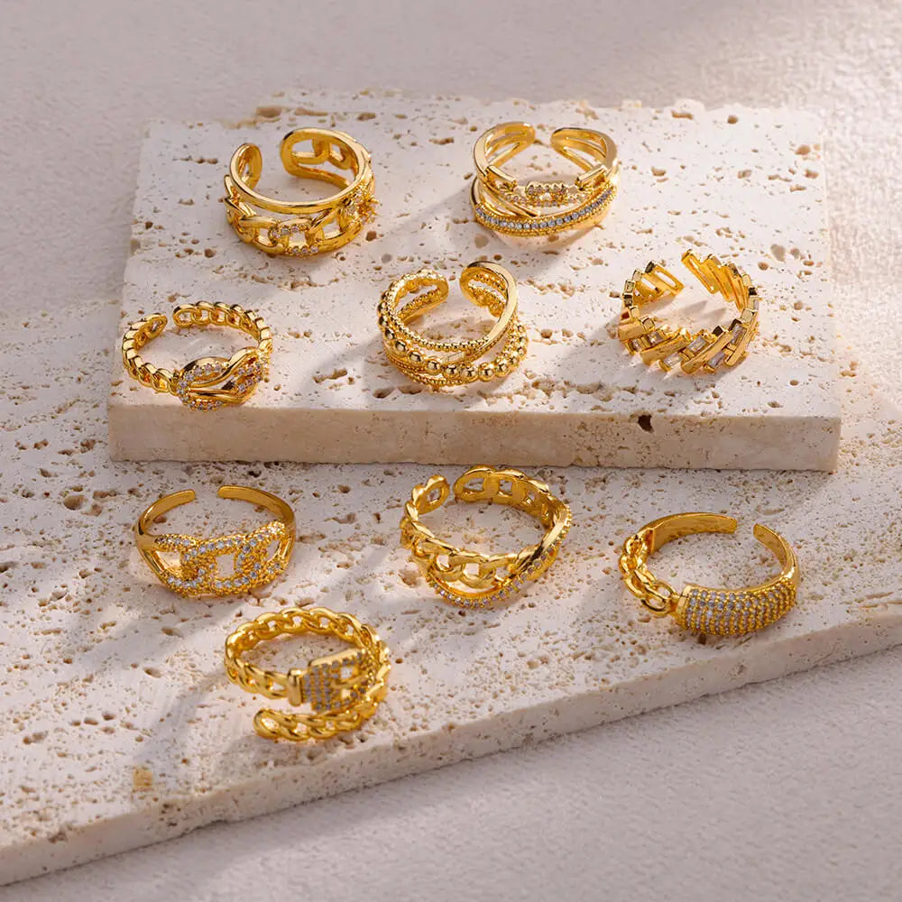 Fashion Gold Color Stainless Steel Rings For Women Chain Hollow Out Crystal Zircon Finger Ring Jewelry 2023 Gift anillos mujer Vera Lux