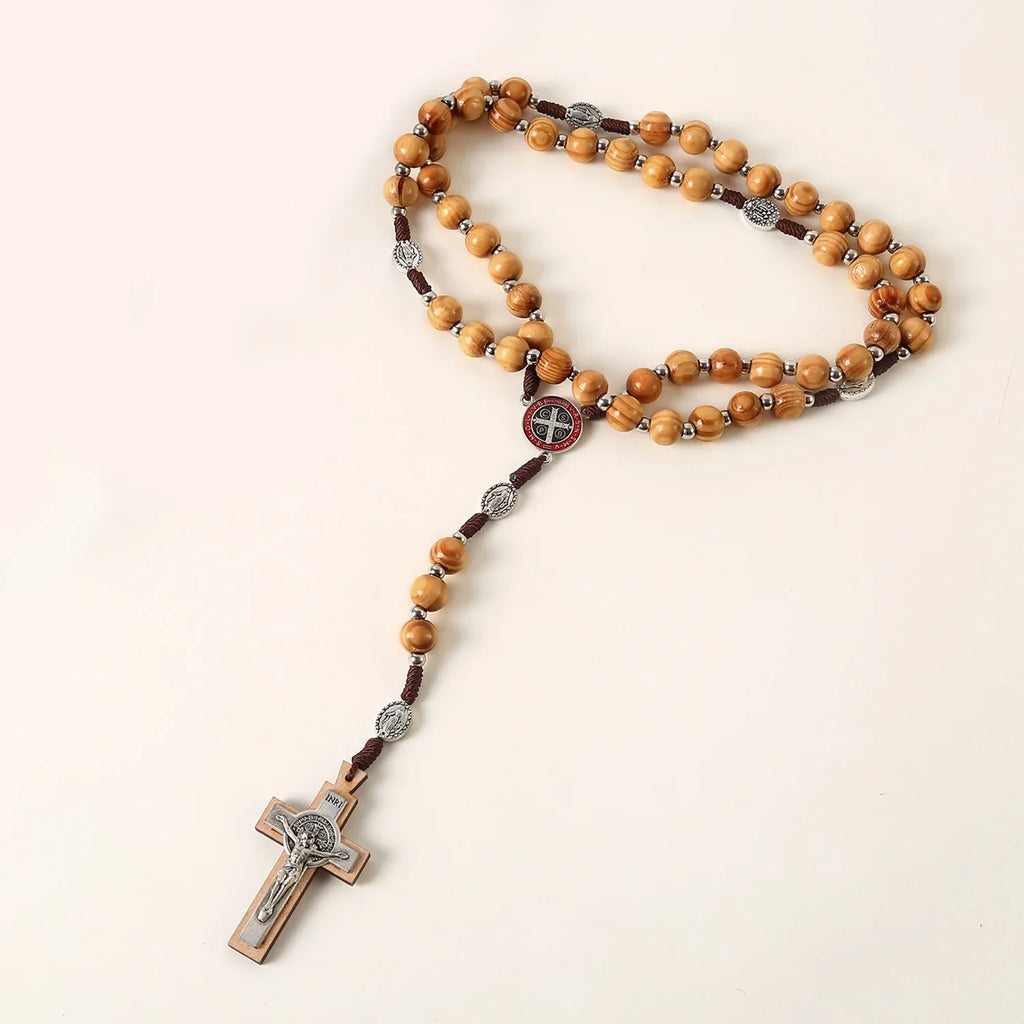 Wooden Rosary Necklace For Women Men Christian Cross Pendant 10MM Long Wood Beads Chain Fashion Religion Prayer Jewelry Vera Lux