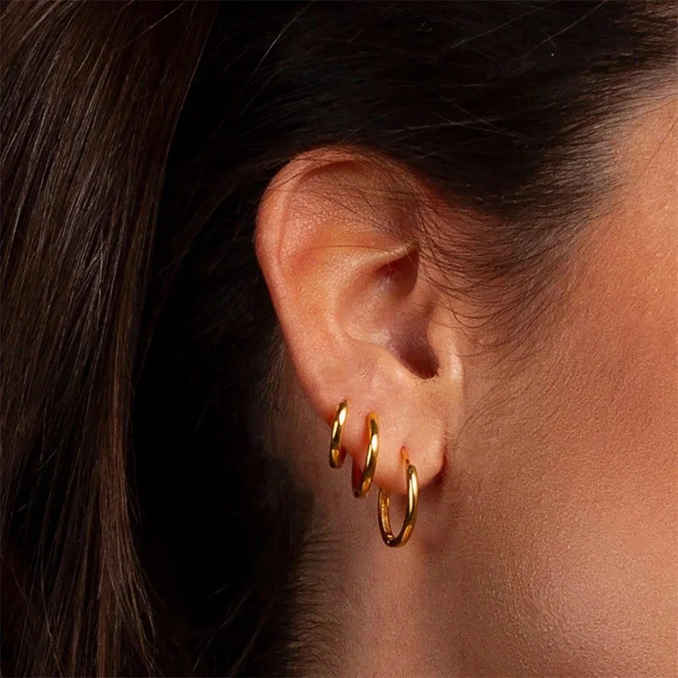 3Pairs Stainless Steel Solid Round Rings Huggies Earrings Set for Women Men Stackable 14K Gold Plated Tiny Ear Cartilage Hoops Vera Lux
