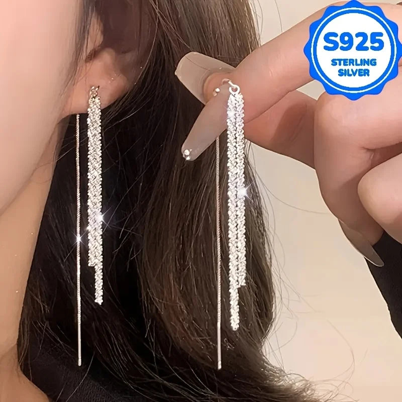 A pair of 2 pieces, women's fashionable hanging earrings, retro Bohemian style, hypoallergenic S925 silver, sparkling long ear l Vera Lux