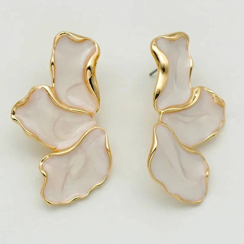 Metal Flower Cream Epoxy Earring Stud Women Fashion Gold Color Plating Irregular Post Earrings Heavy Design Statement Earrings Vera Lux