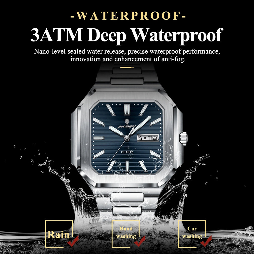 POEDAGAR Square Fashion Man Wristwatch Waterproof Luminous Date Week Quartz Men's Watches Stainless Steel Luxury Men Watch Reloj Vera Lux