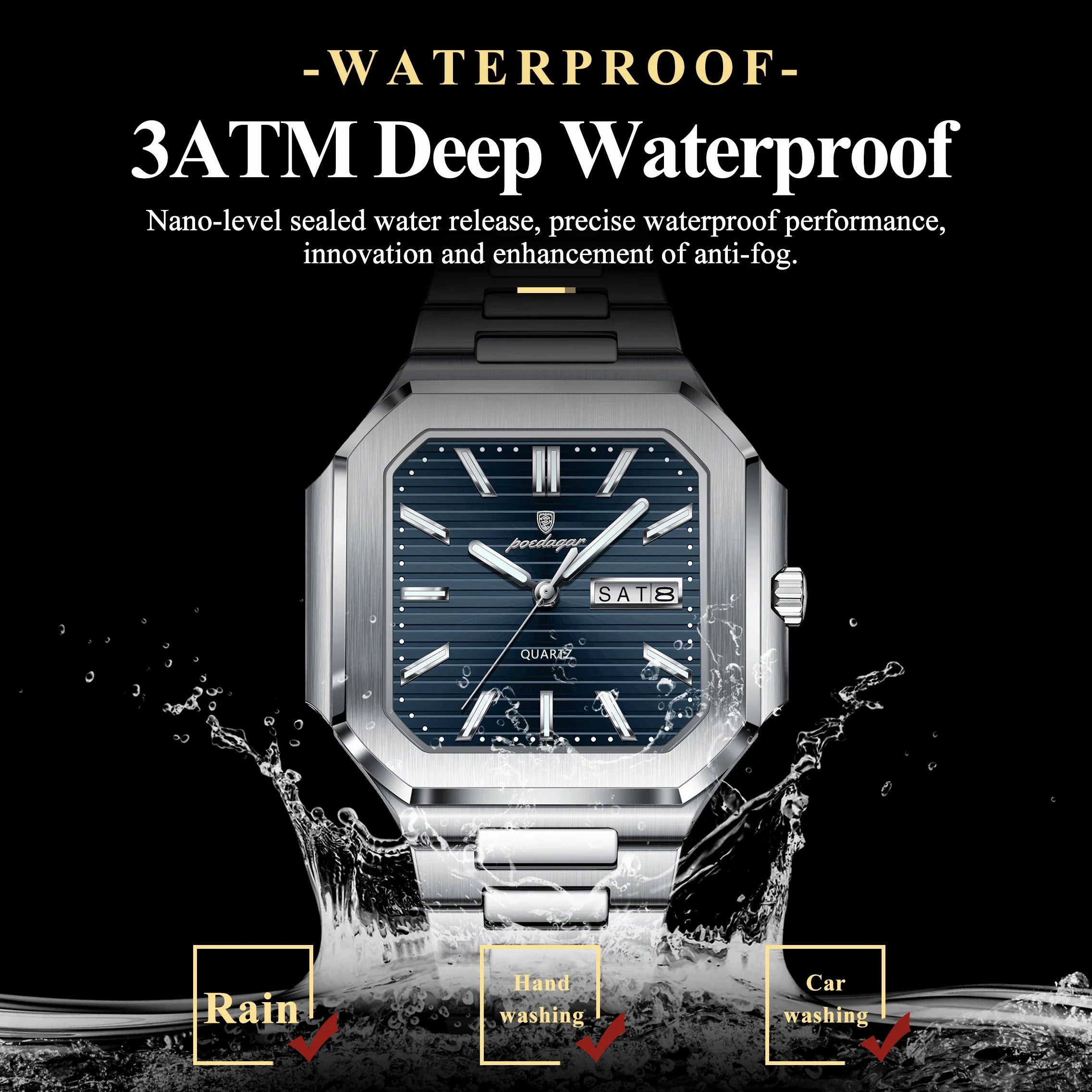 POEDAGAR Square Fashion Man Wristwatch Waterproof Luminous Date Week Quartz Men's Watches Stainless Steel Luxury Men Watch Reloj Vera Lux