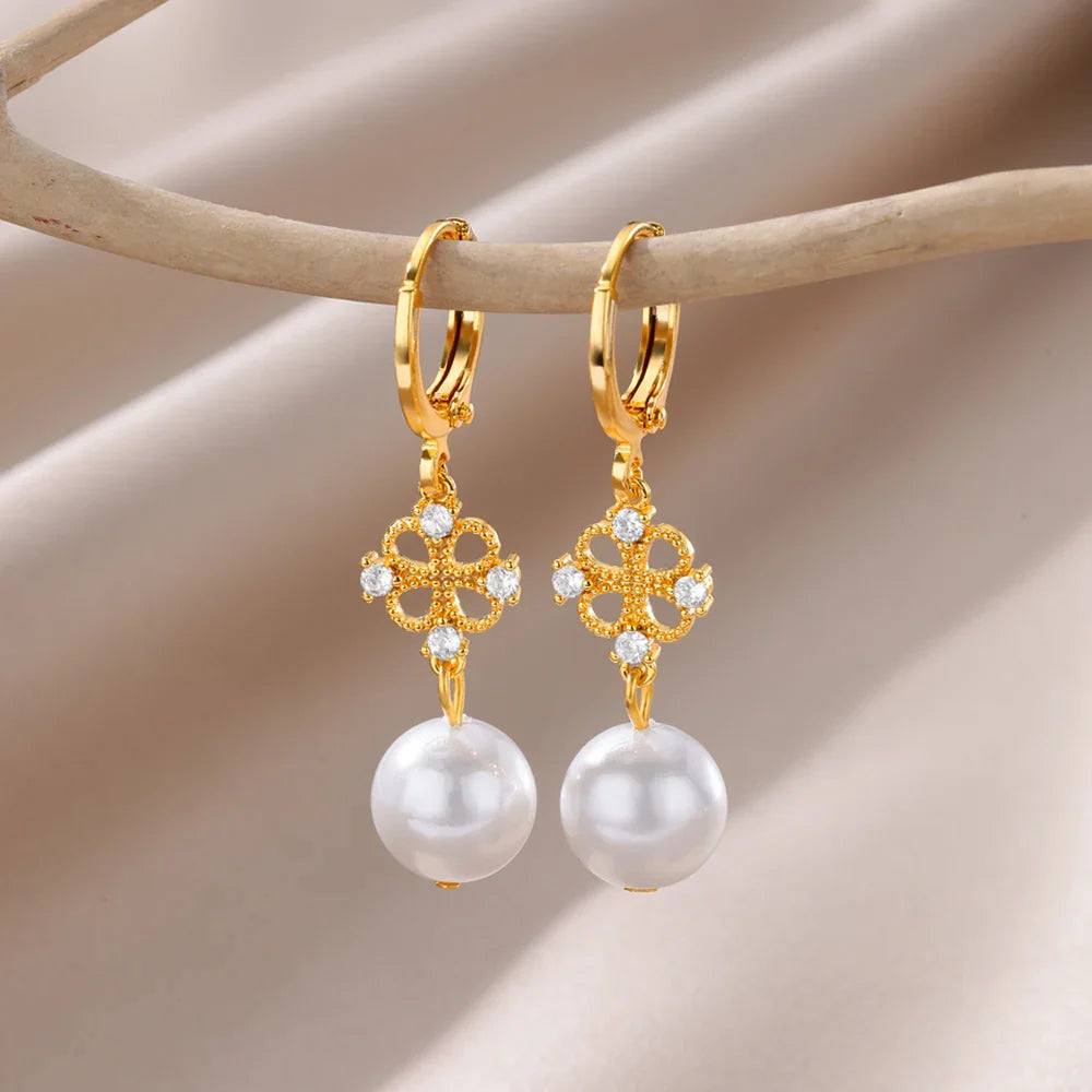 Zircon Natural Pearl Earrings For Women Gold Plated Stainless Steel Geometric Hoop Pearl Earring Wedding Bridesmaid Jewelry Gift Vera Lux