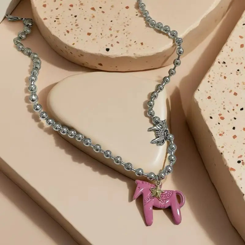 LATS White Black Green Blue Pink Color Enamel Colt Horse Pendant Necklaces for Women Silver Plated Alloy Beads Chain Chokers Vera Lux