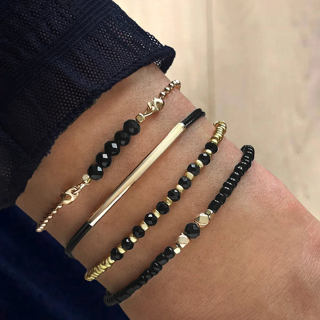 Handmade Black Glass Stone Bracelet Set For Women Simple Braided Rope Beads Chain Bangle Female Fashion Jewelry Accessories Vera Lux