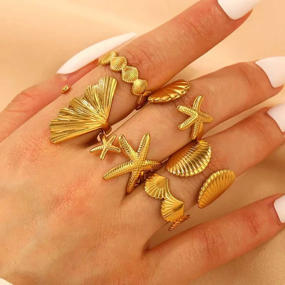 Starfish Shell Stainless Steel Open Rings For Women Fashion Gold Color Finger Ring Trendy Summer Beach Vacation Ocean Jewelry Vera Lux