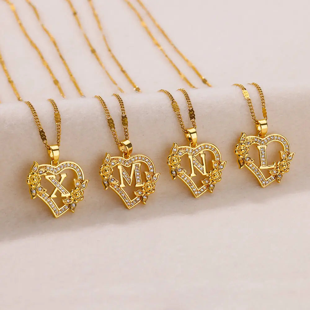 Zircon Flower Heart Initials Necklaces For Women Stainless Steel Heart Lover Gold Color Letter Chain Collar Necklace Jewelry Vera Lux
