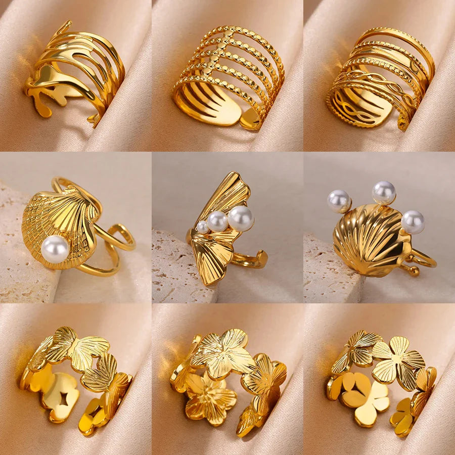 Stainless Steel Flower Rings for Women Gold Color Shell Starfish Multi Layer Hollow Out Ring Fashion Charm Jewelry Wedding Gifts Vera Lux