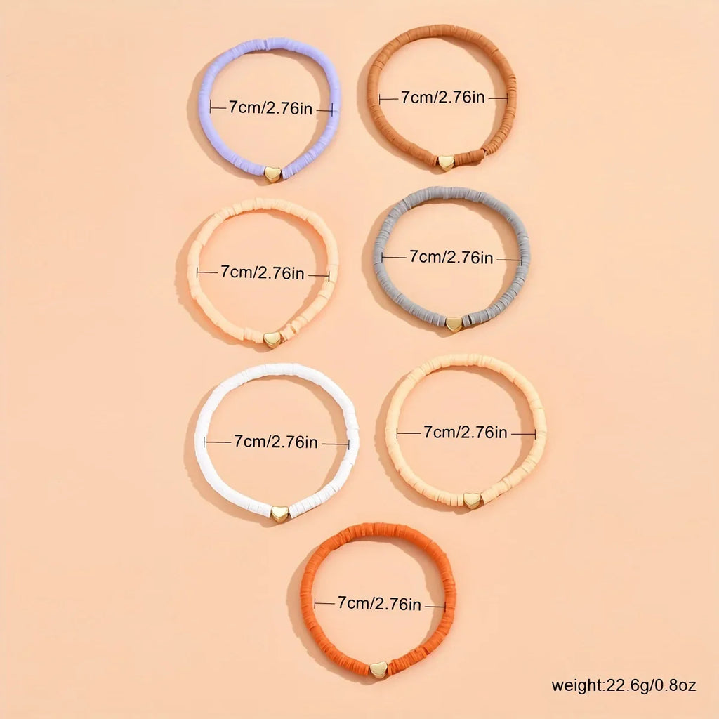 7Pcs Colorful Stackable Anklet Set For Women Heart Charm Soft Clay Pottery Layering Ankle Bracelet Girls Summer Beach Jewelry Vera Lux