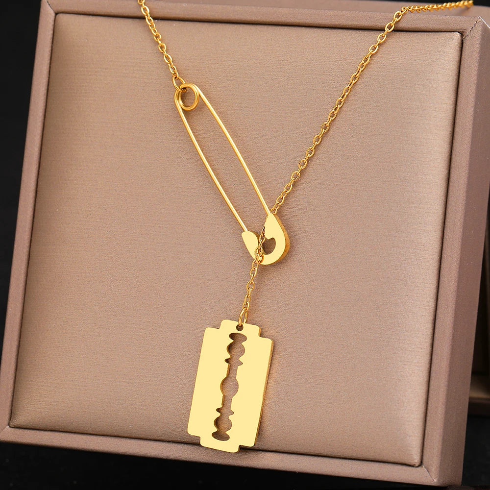 Stainless Steel Necklaces Paperclip Design Gothic Hip Hop Blade Pendants Chains Choker Necklace For Women Jewelry Vera Lux