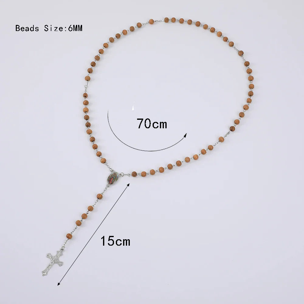 Blue Rosary Necklace For Women Men 6MM Wooden Prayer Beads Long Chain Religious Virgin Mary Cross Pendant Men Party Jewelry Gift Vera Lux
