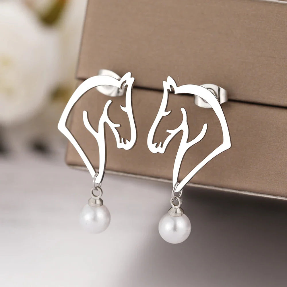 Stainless Steel Earrings 2022 Trend Exquisite Line Horse Design Pearl Charms Pendants Earrings For Women Jewelry Party Gifts NEW Vera Lux