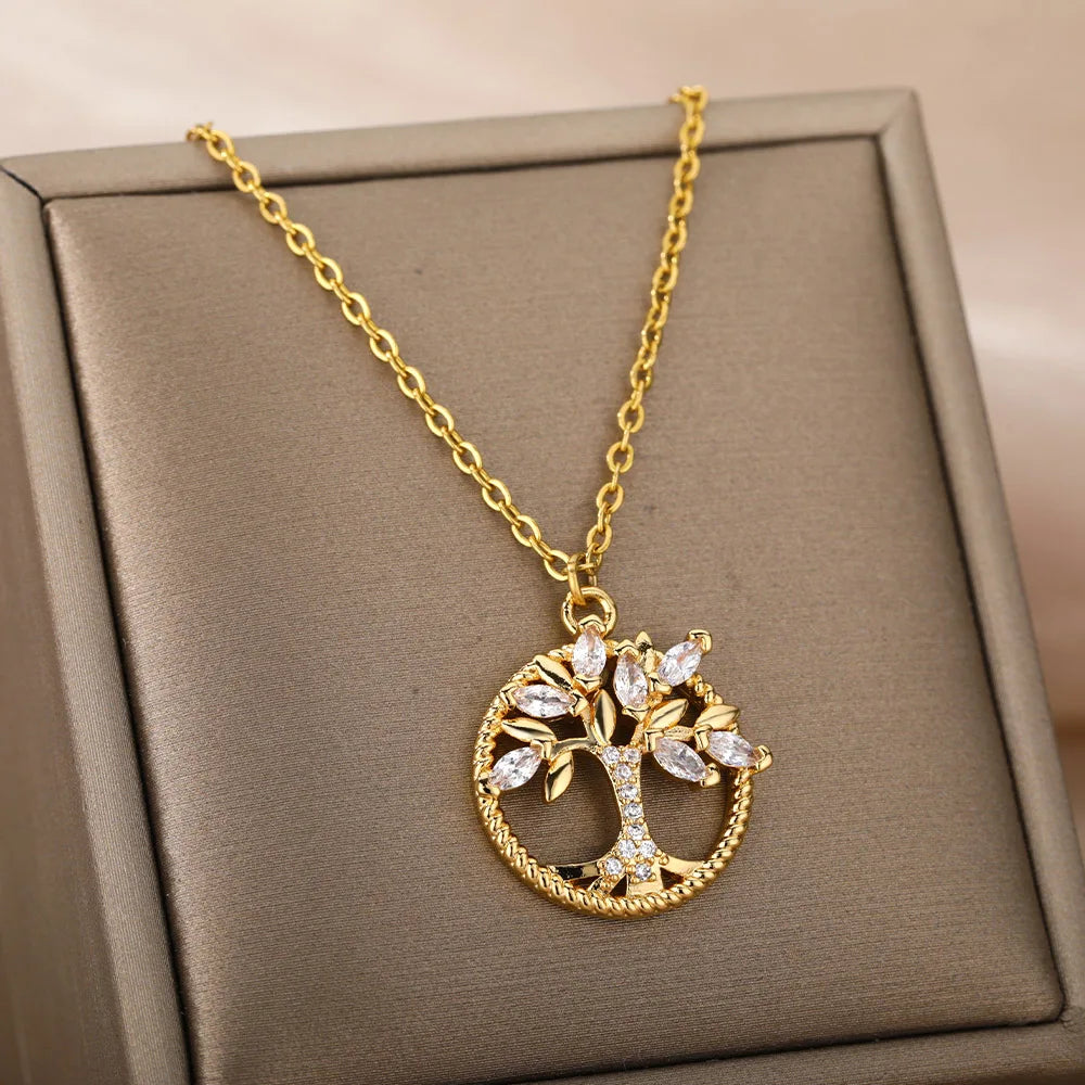 Zircon Tree of Life Necklace for Women Stainless Steel Chain Collar Choker Pendants Necklaces 2024 Trend Aesthetic Jewelry mujer Vera Lux