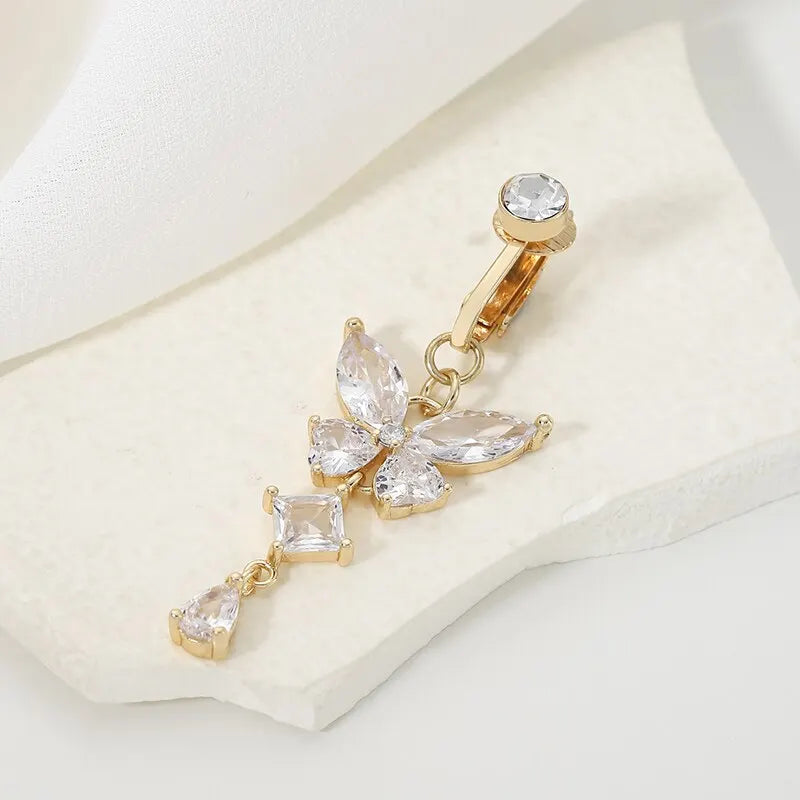 Clip On Belly Button Ring Butterfly Shape Copper Zircon Fake Belly Piercing Umbilical Navel Body Jewelry Trendy Fashion Style Vera Lux