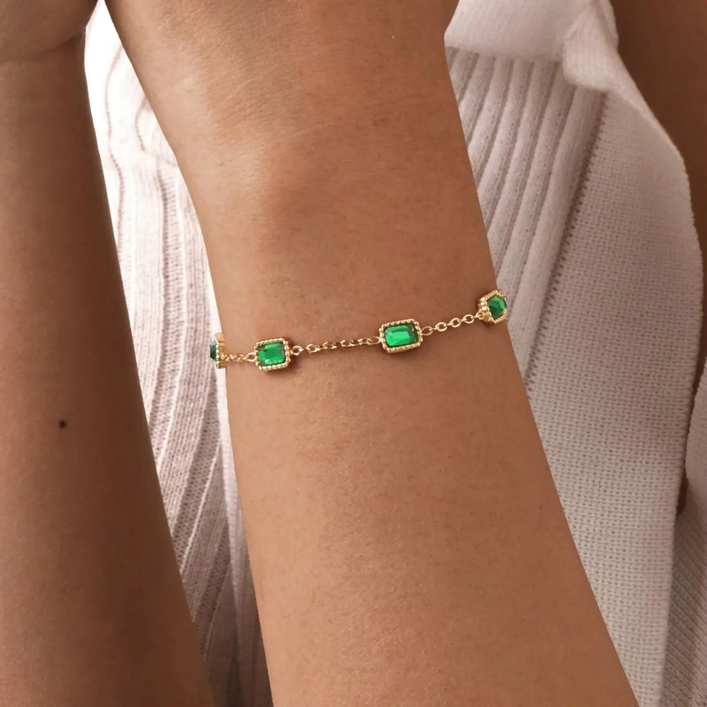 Retro Green Zircon Pendant Necklace For Women, Crystal Stone Chain Stainless Steel Gold Plated Luxury Birthday Gifts Vera Lux