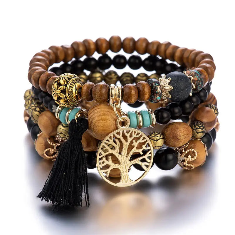 4Pcs Bohemia Tree Of Life Charm Beaded Bracelet Set For Women Handmade Wood Beads Chain Bangle Female Boho Jewelry Vera Lux