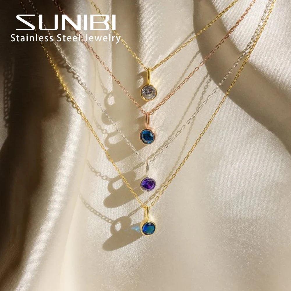Birthstone Necklace for Woman Stainless Steel 12 Constellation DIY Colourful Zirconia Pendat Birthday Gift Jewelry Wholesale Vera Lux