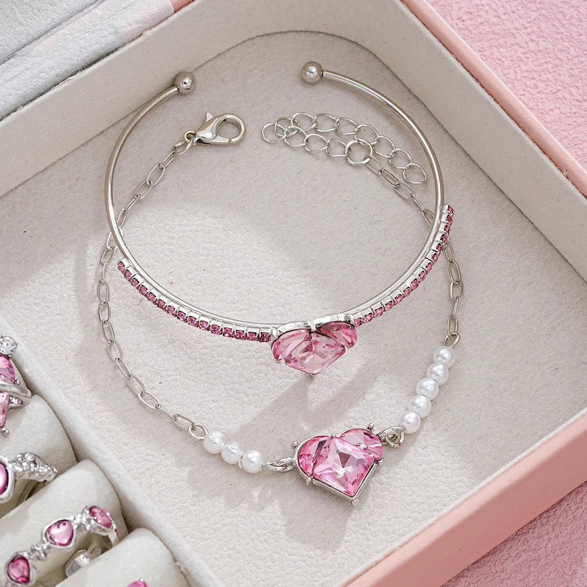 14 PCS Pink Craystal Heart Pendants Necklace Earrings Ring Bracelet Sets For Women Girl Fashion Jewelry Set Wedding Jewelry Gift Vera Lux