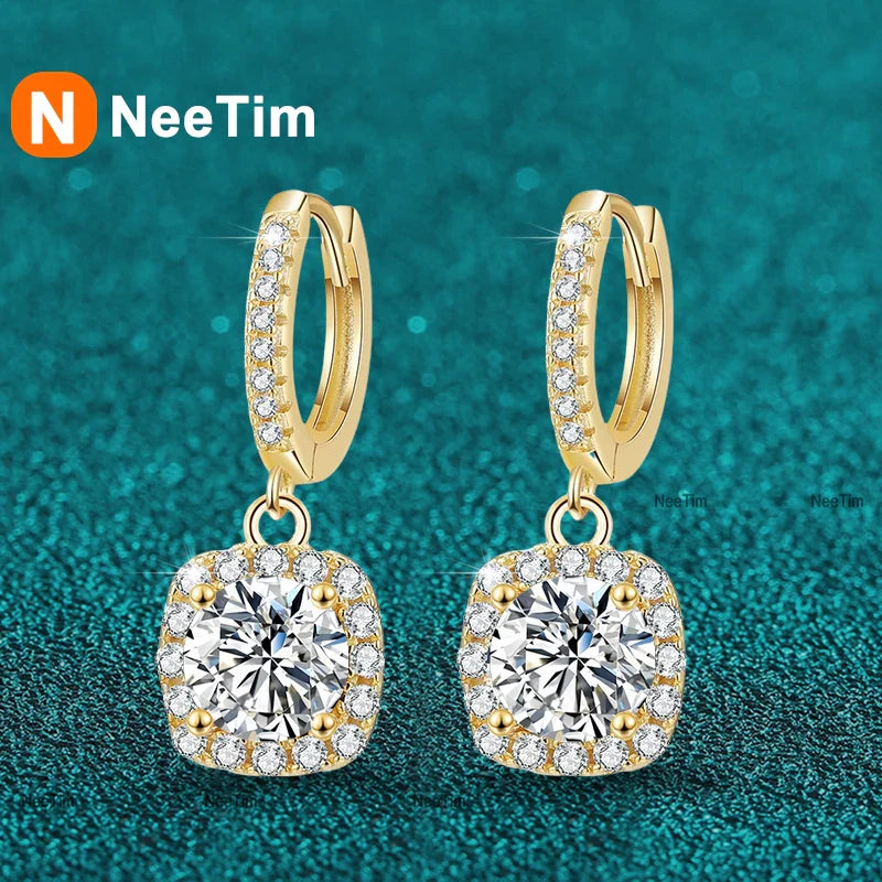 NeeTim 1ct Moissanite Drop Earrings S925 Sterling Silver with Gold Plated Wedding Jewelry With Certificate Hoop Dangle Earrings Vera Lux