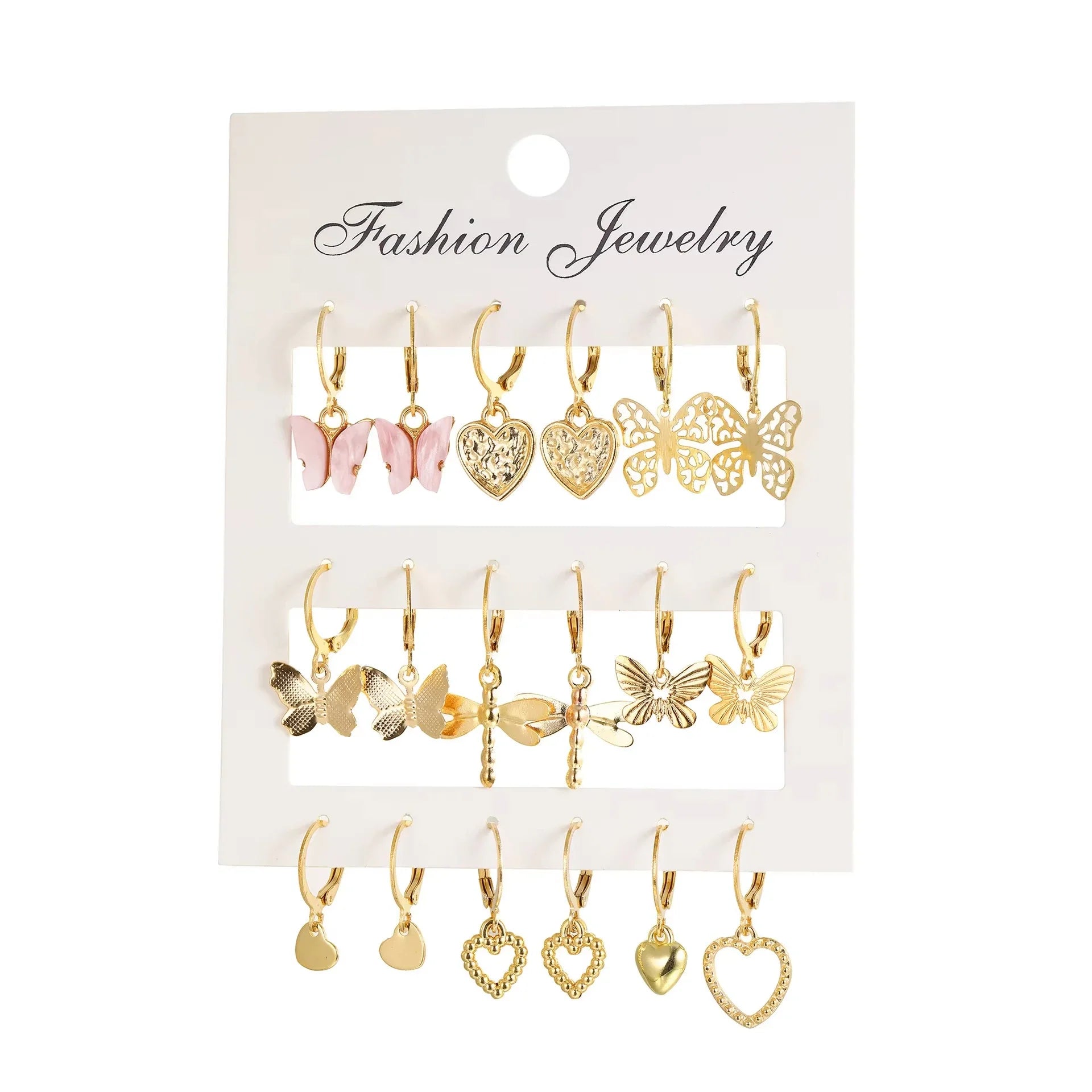 9 Pairs/ Set Exquisite Butterfly Heart Dragonfly Design Dangle Earrings Simple Vacation Style Delicate Holiday Earrings Vera Lux