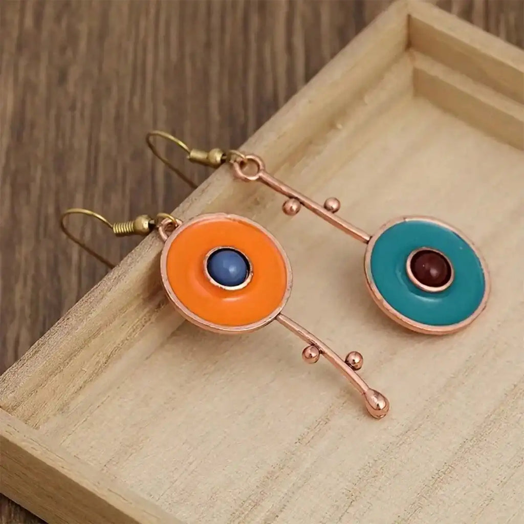 Bronze Metal Painting Pendant Earrings for Women's Ethnic Orange Blue Stone Personalized Earrings Jewelry Accessories Vera Lux