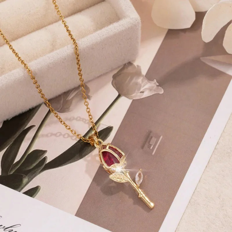 1 Piece Women's Red Zirconia Tulip Rose Pendant Necklace Copper Pendant Stainless Steel Chain Versatile Valentine's Day Gift Vera Lux