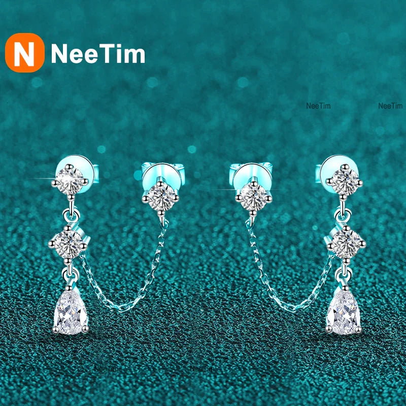 NeeTim Full Moissanite Stud Chain Earrings for Women Sparkling Lab Diamond Earring 925 Sterling Silver Women's Earrings Jewelry Vera Lux