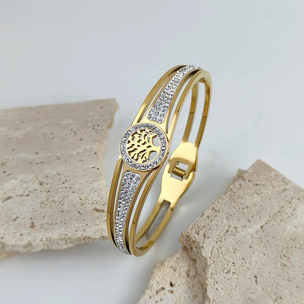 Luxury Stainless Steel Tree of Life Bangle for Women Men Crystal Zircon Bracelet Silver Gold Color Wrist Jewelry Accessories Vera Lux