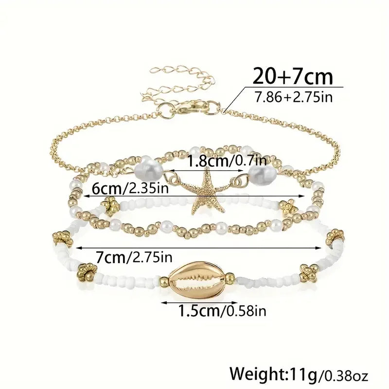 3 Pcs Beach Beaded Anklet Set for Women Vintage Summer Gold Color Starfish Shell Charms Anklet Vacation Daily Wear Jewelry Gifts Vera Lux