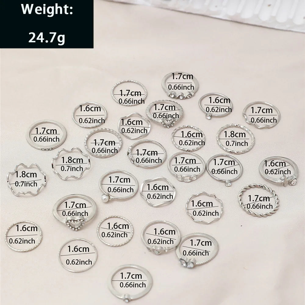 28Pcs Fashion Geometric Knuckle Rings Set For Women Crystal Heart Gold Silver Color Rings Girls  Party Jewelry Accessories Vera Lux