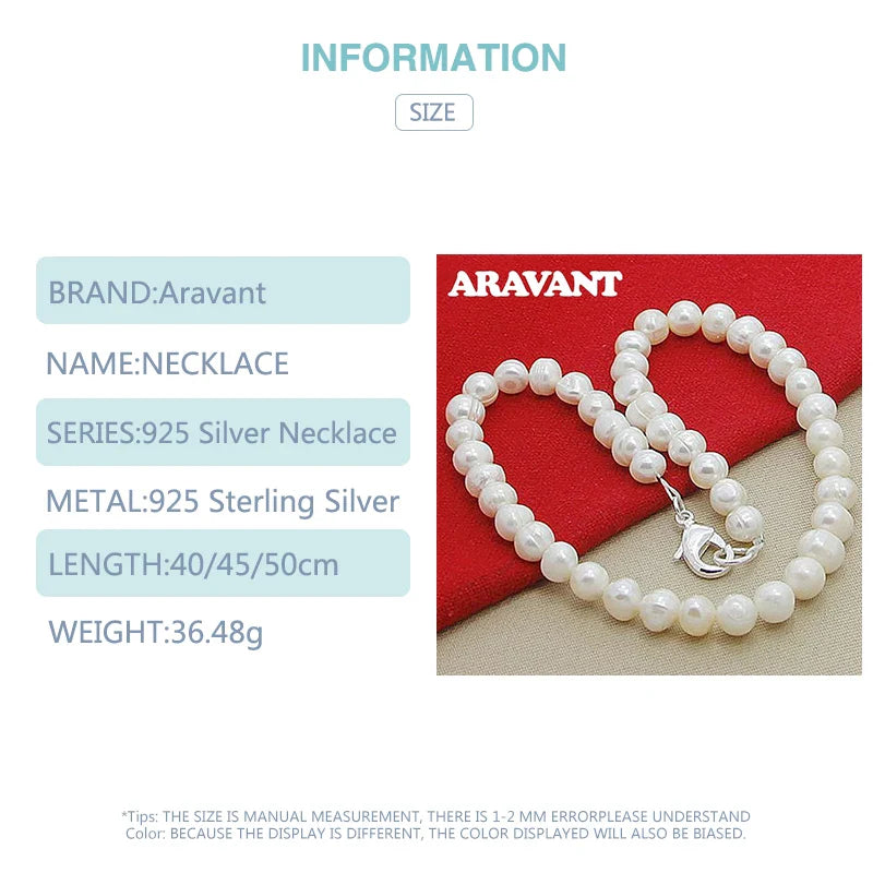 Aravant 925 Silver 8MM White Pearl Necklaces Chains For Women Fashion Jewelry Gifts Vera Lux