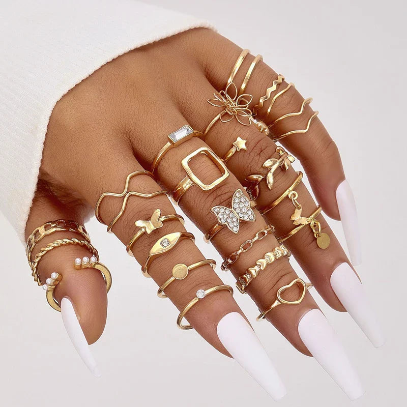 47Pcs/Set Vintage Gold Color Heart Rings Set For Women Men Hollow Butterfly Pearl Crystal Geometric Rings Trendy Finger Jewelry Vera Lux