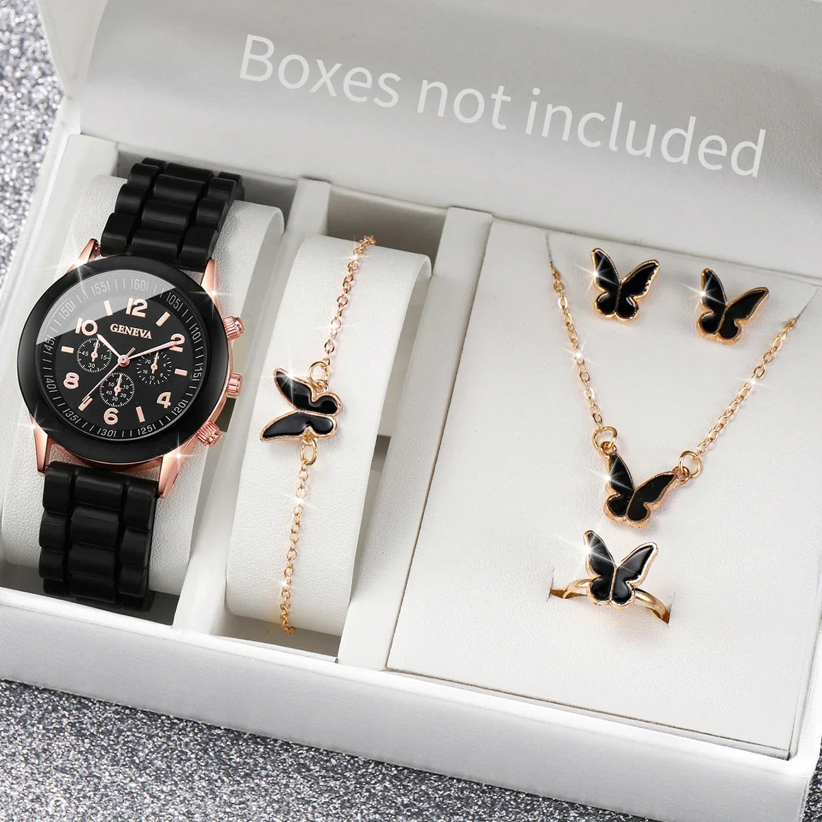 5/6PCS Women Watches Fashion Silicone Band Women Quartz Watches Jewelry Set Reloj Mujer Girls Clock Gift (Without Box) Vera Lux