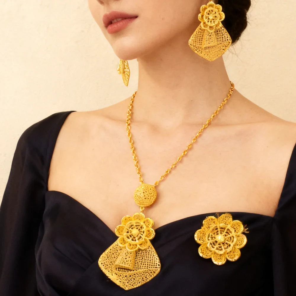 24k gold color party necklace earrings rings set luxury gold jewelry sets for woman wedding party Accessories Vera Lux