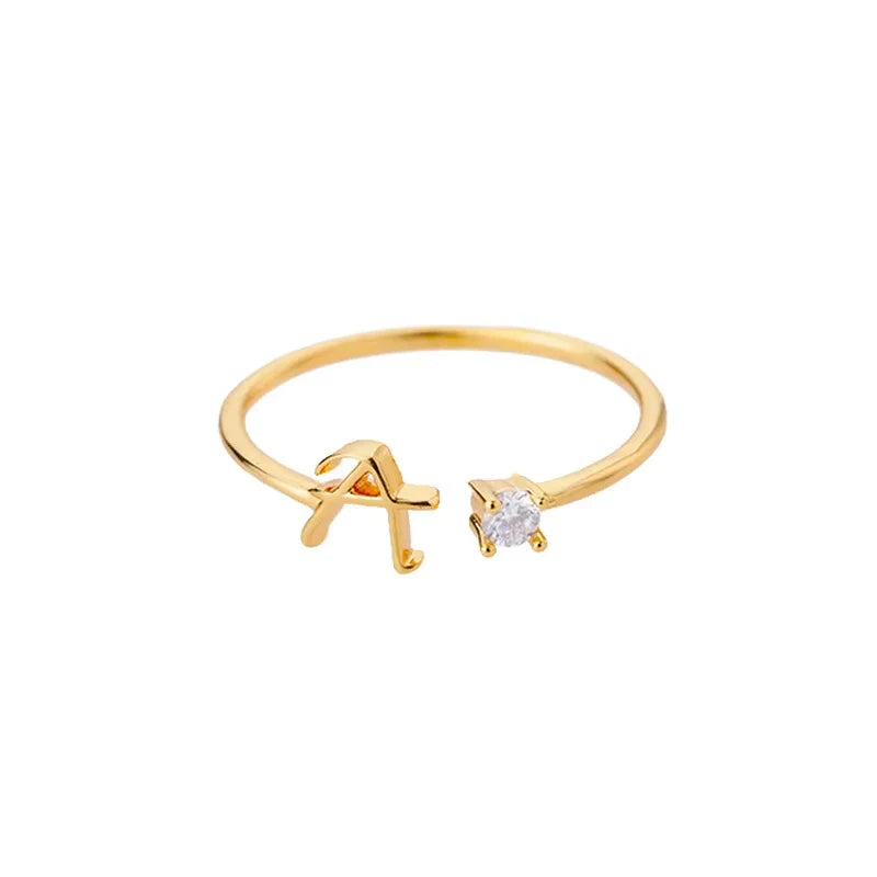 A-Z Initial Letter Open Rings for Women Stainless Steel Gold Color Zircon Adjustable Ring Trendy Couple Wedding Jewelry Gift Vera Lux