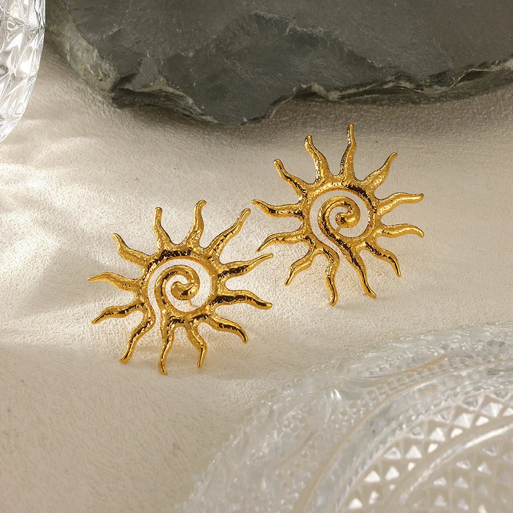 Retro Threaded Sun Earrings For Women Gold Color Stainless Steel Geometric Earrings Hip Hop Party Jewelry Birthday Gifts Vera Lux