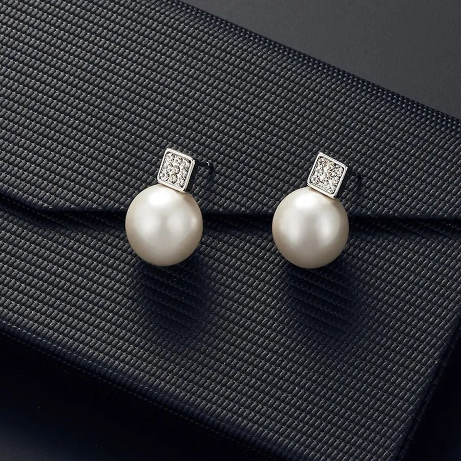 2 PCS Imitation Pearl Pendant Women Necklace Earring Stud Set Silver Color Snake Chain Square Metal Full Crystal Jewelry Set Vera Lux