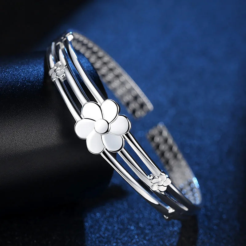 925 Sterling Silver Flower Open Bangle Hand Bracelets For Women Luxury Jewelry  And  Jewellery Vera Lux