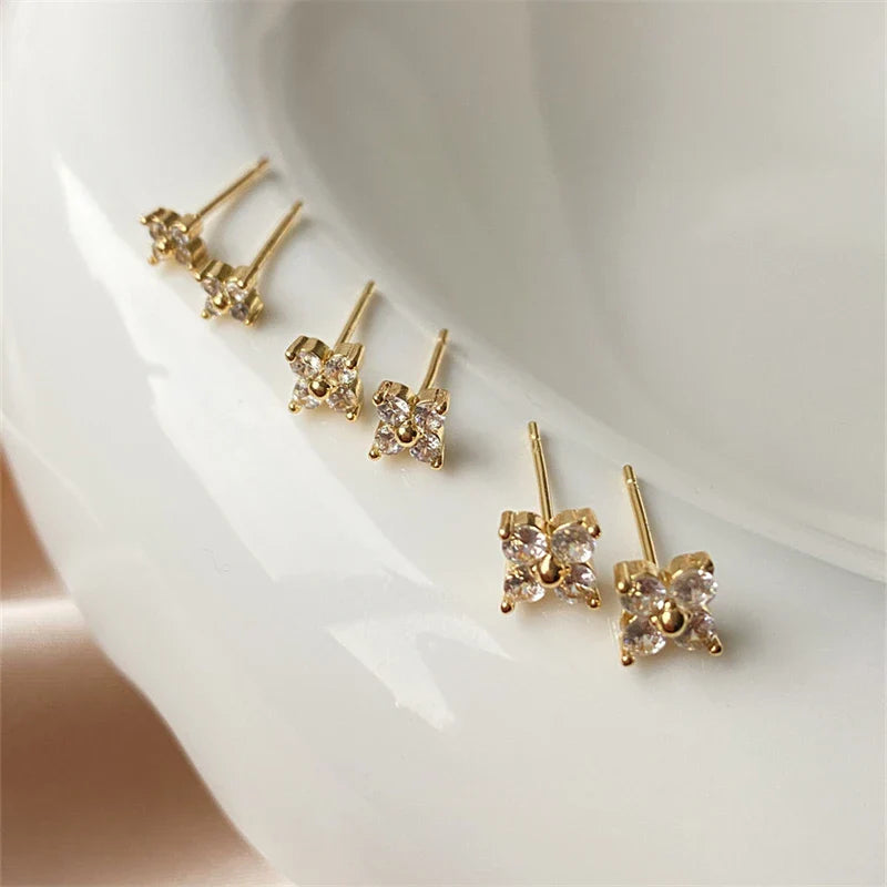 Yupsk Dainty Flower Stainless Steel Butterfly Stud Earrings for Women Cartilage Ear Ring Cute Zircon Gold Color Clover Jewelry Vera Lux