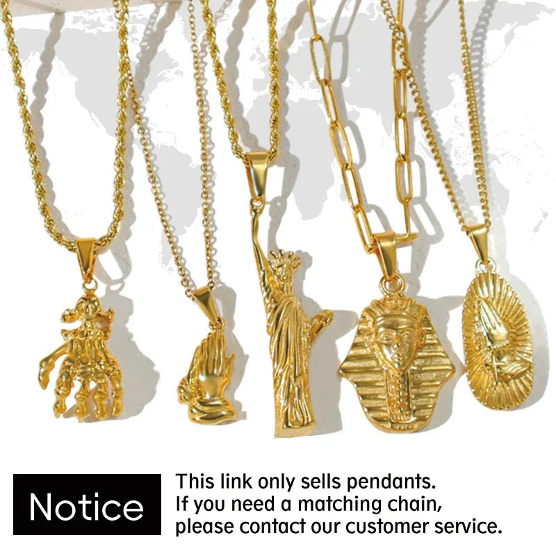 18K Gold Plated Stainless Steel Pendant Vintage Egyptian Pharaoh Portrait Lion Skull & Ghost Hand Charms Trendy Jewelry Vera Lux