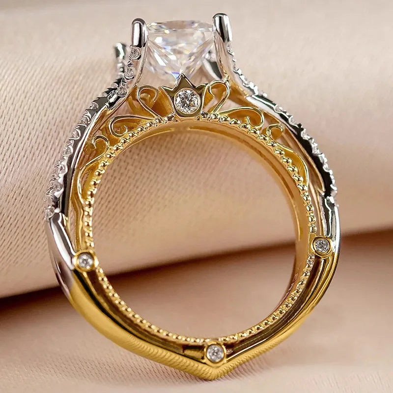 925 Sterling Silve Modern Fashion Princess CZ Two Tone Rings Luxury Bridal Wedding Unique Design Statement Jewelry for Women Vera Lux