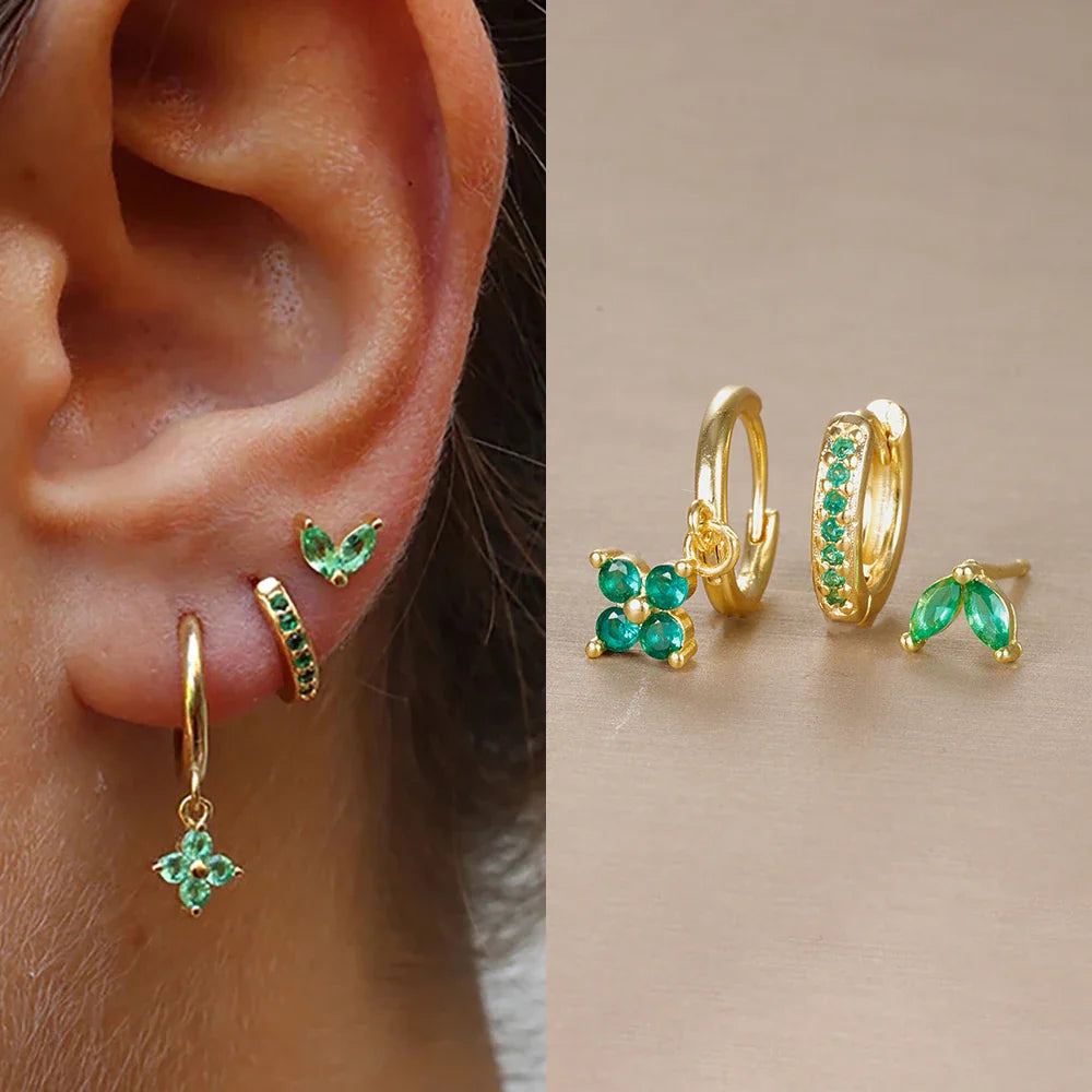 3PCS Trendy Stainless Steel Flower Drop Earring Set For Women Crystal Zirconia Dangle Earring Hypoallerg Piercing Jewelry aretes Vera Lux