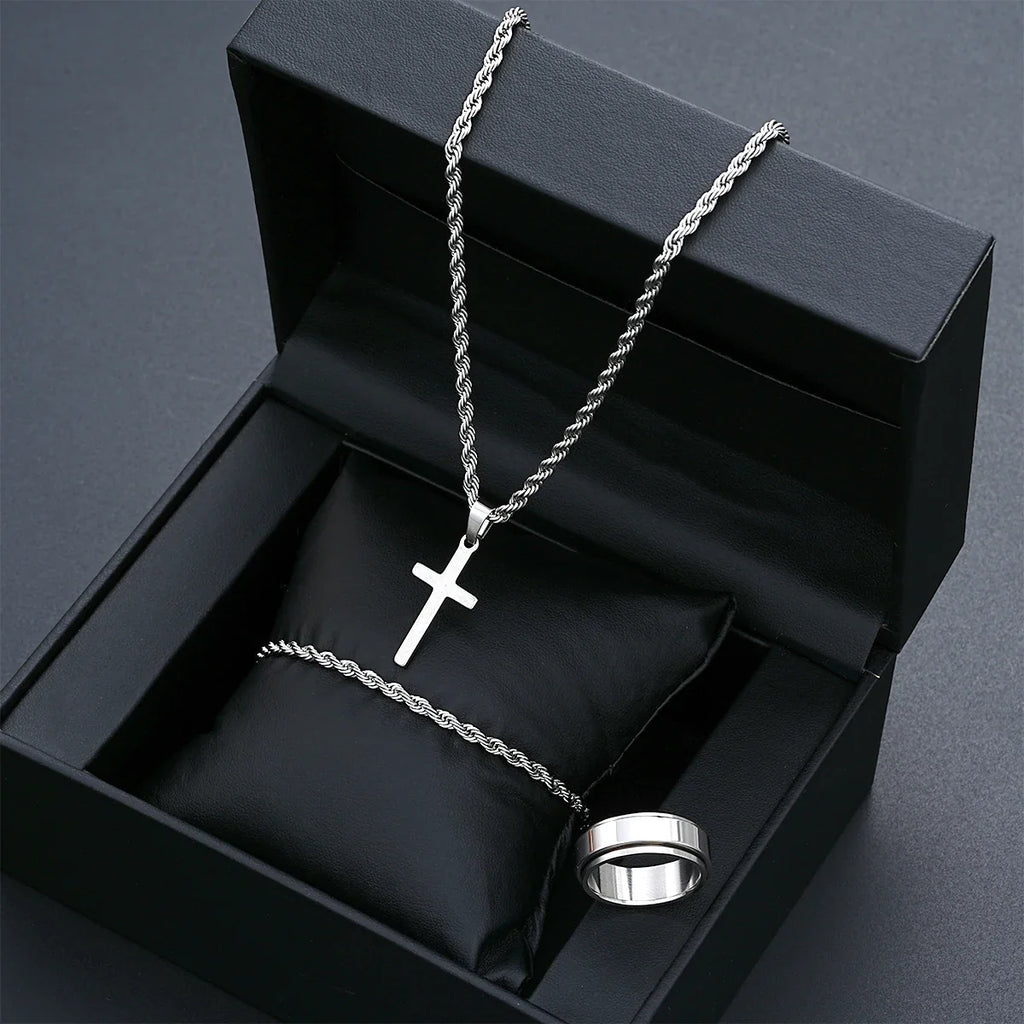Stainless Steel Simple Jewelry Set For Men Women Fashion Silver Color Cross Pendant Twisted Rope Necklace Bracelets Ring Gifts Vera Lux
