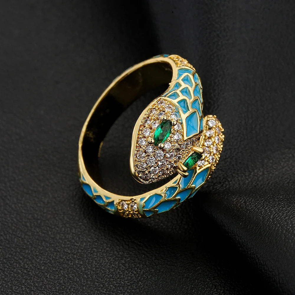 NEWBUY Fashion 6 Colors Enamel Expoxy Snake Open Rings For Women Luxury AAA Cubic Zirconia Pave Setting Copper Jewelry Female Vera Lux