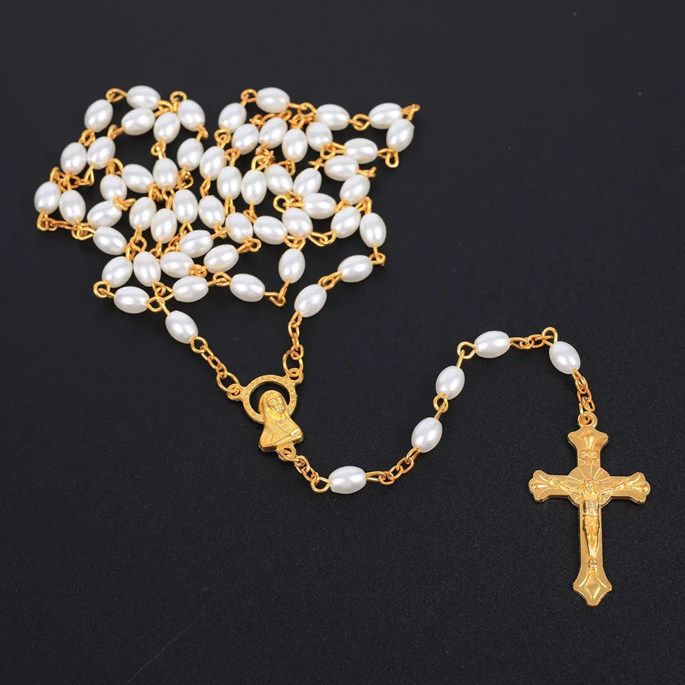 White Oval Pearl Rosary Necklace For Women Catholic Religious Crucifix Cross Pendant Gold Silver Color Chain Men Prayer Jewelry Vera Lux