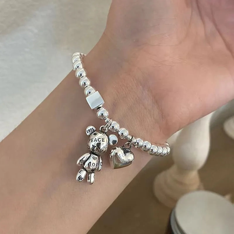 925 Sterling Silver Bracelets for Women String of Beads Accessories Trend Vintage Simple Cute Bear Pendant Party Jewelry Vera Lux