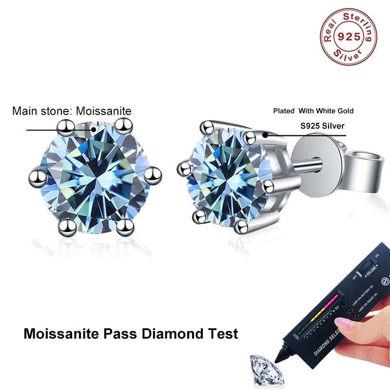 NeeTim 0.5ct 1ct 2ct Moissanite Stud Earrings for Women 925 Sterling Silver Green Pink Black Blue Grey Sparkling Studs Earring Vera Lux